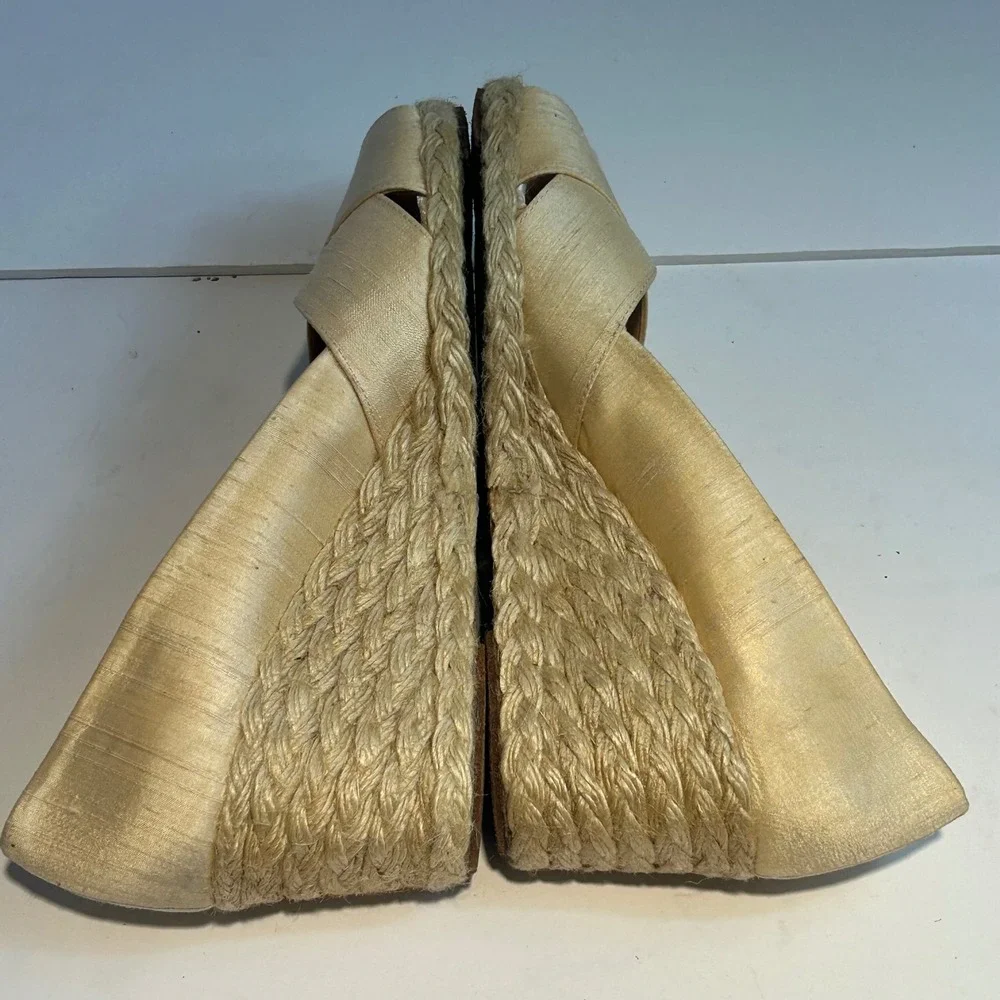 Lauren‎ Ralph Lauren Cecilia Parchment Shantung Espadrille Wedges Gold 9B Spain